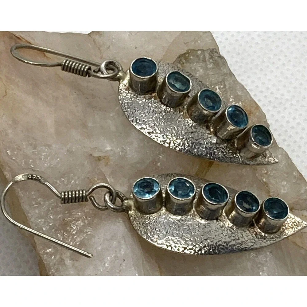 Vintage Round Blue Cubic Zirconia Dangle Drop Earrings Sterling 925‎ Silver 6.1g